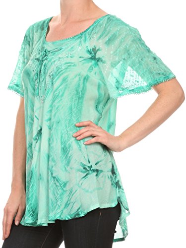 Image of Sakkas Taylay Ombre Tie Dye Batik Long Embroidered Corset Neck Blouse Shirt Top