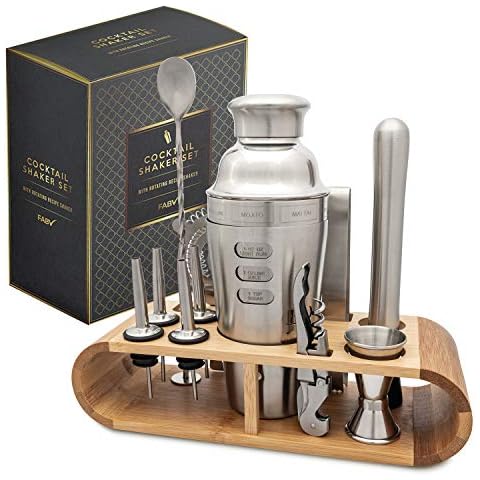 FABV Cocktail Making Set - 12 Pieces with Stand - 700ml Rotation Recipe Guide Cobbler Shaker with Cocktail Accessories Set - Full Stainless Steel Bartender Kit with Bamboo Stand Cover