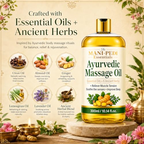 Image of TMPE Ayurvedic Massage Oil Enriched with Clove, Almond & Lemongrass Oils | 6+ Ancient Herbs Aromatherapy | Soothes Joint, Relieves Muscle Soreness - 300ml