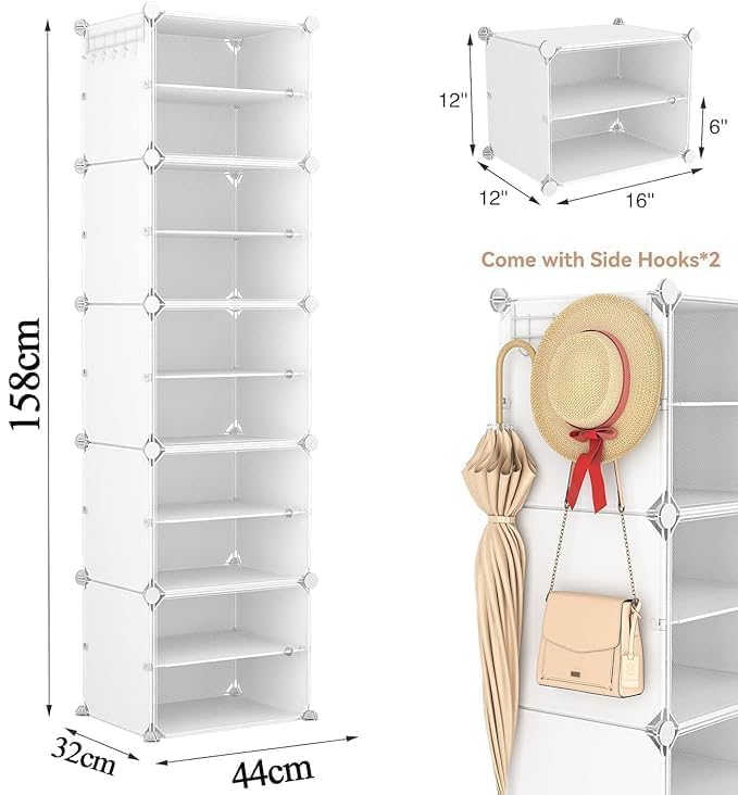 Image of Strassis Design Plastic Shoe Rack for Home | 10 Shelf DIY Shoe Rack with Door Magnets for Home Storage Plastic Box Organizer, Metal Door Frame, Chappal Slipper Sandals Stand (White,5 Door)