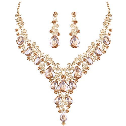 Paxuan Silver Gold Wedding Bridal Bridesmaid Austrian Crystal Rhinestone Jewelry Sets Statement Choker Necklace Drop Dangle Earrings Sets for Wedding Party Prom (Champagne)