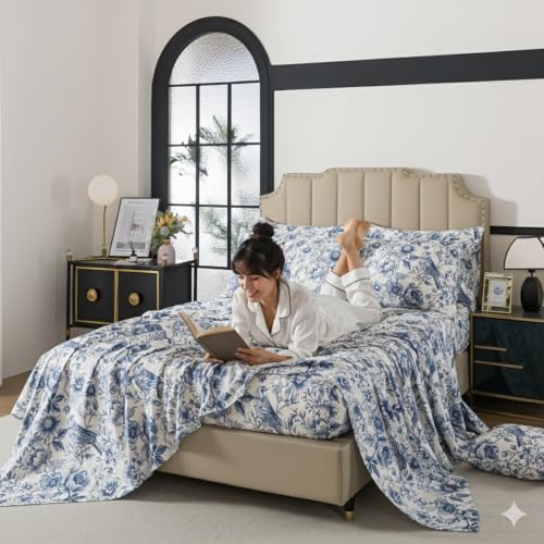 Image of FADFAY Sunflower Bird Sheets Set Cal King 100% Egyptian Cotton Blue Toile de Jouy Bedding Vintage Blue and White Floral Farmhouse Bedding Shabby French Country Sheets Deep Pocket Soft Breathable 4Pcs