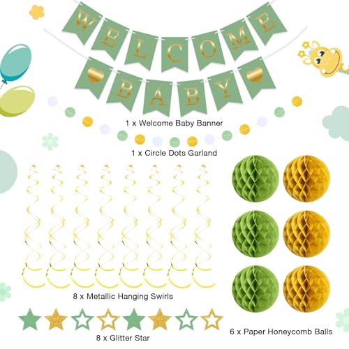 Image of WinnerWhy 25 Pcs Baby Shower Sage Green Decoration, Neutral Green Welcome Baby Banner with Glitter Stars, Hanging Swirls, Honeycomb Balls, Circle Dots Decorations for Gender Neutral Reveal Party Decor