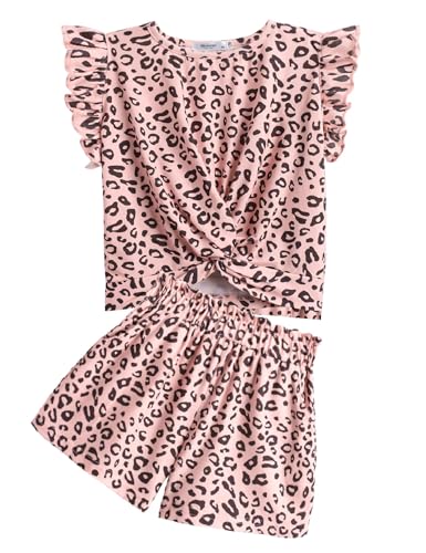 Image of Arshiner Girls Shorts Sets 2 Pieces Outfits Twist Front Ruffle Sleeve T-Shirts and Shorts With Pockets Cute Clothes Sets