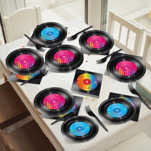 Image of 200 PCS Vinyl Record Tableware Disposable for 1950's Rock Music Party Supplies Back to 50s Rock Dinnerware Set Dessert Paper Plates Napkins Forks 50's Theme Party Retro Decorations Serve 50 guest