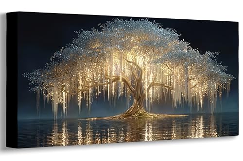 Large Tree of Life Canvas Wall Art Abstract Black and Gold Tree of Life Picture Wall Decor Nordic Gold White Flowers Poster Print Artwork for Living Room Bedroom Office Hallway Home Decoration
