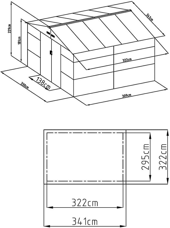 Technical drawing with dimensions of the EXPERTLAND ADELMO garden shed