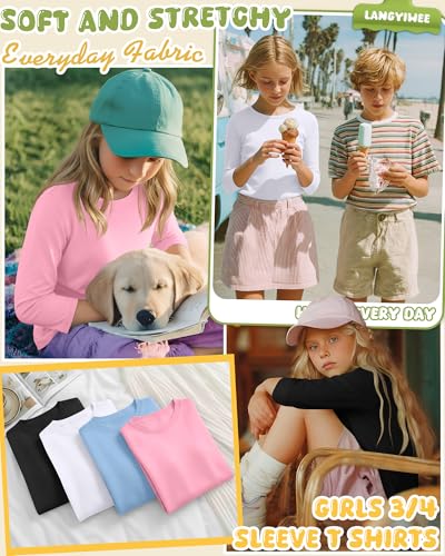 Image of 4 Pack Girls 3 /4 Sleeve T Shirts Kids Crewneck Elbow Sleeve Casual Tops Solid Basic Cute Teen Tees 5-14Y