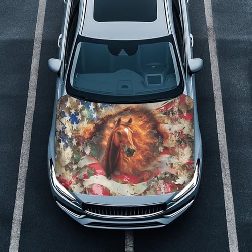 Image of Car Hood Cover Horse American Flag Print Car Hood Wraps Auto Banner Stretchable Auto Decorative Accessories for Compact Sedans SUV Trucks (59x39 Inch)