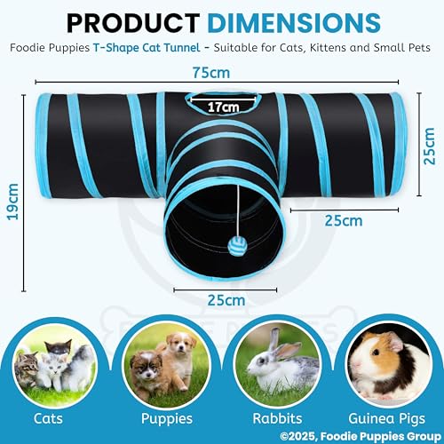 Image of Foodie Puppies Interactive Lightweight Foldable T-Shape Tube Hiding Tunnel with Hanging Ball - Perfect for Small Cats, Kittens, Rabbits and Guinea Pigs (Blue Black)