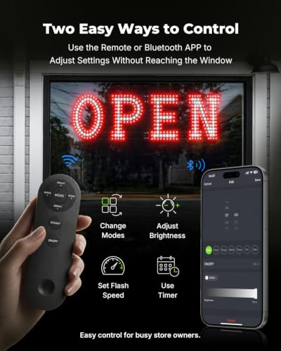 Image of 32 x 10 Inch LED Open Sign for Business - Timer via BT APP & Remote Control, Ultra Bright Open Sign with 14 Flash Modes, 6 Dimming Levels & 6 Speed Control for Salon Cafe Restaurant (Red & white)