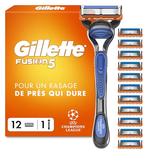 Gillette Rasoir Homme Fusion 5, avec 12 Cartouches, Noir – Edition UEFA Champions League Manche Réutilisable, Tête de Rechange à 5 Lames en Acier...
