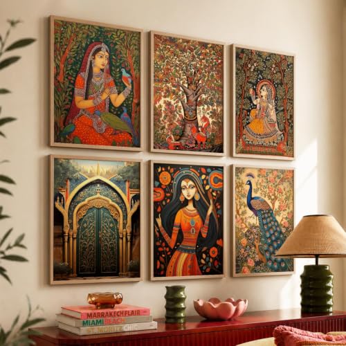 Image of kotart Premium Digital Madhubani Art Paintings with Frame for Home Decor - Framed Painting Living Room Bedroom Office - Wall Decoration - Pack of 6 (14X20 Inch, A)