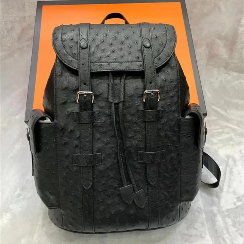 Generic Authentic Real True Ostrich Skin Men Large Casual Black Drawstring Backpack Genuine Exotic Leather Male Leisure Travel Bag Pack, LKC-0152
