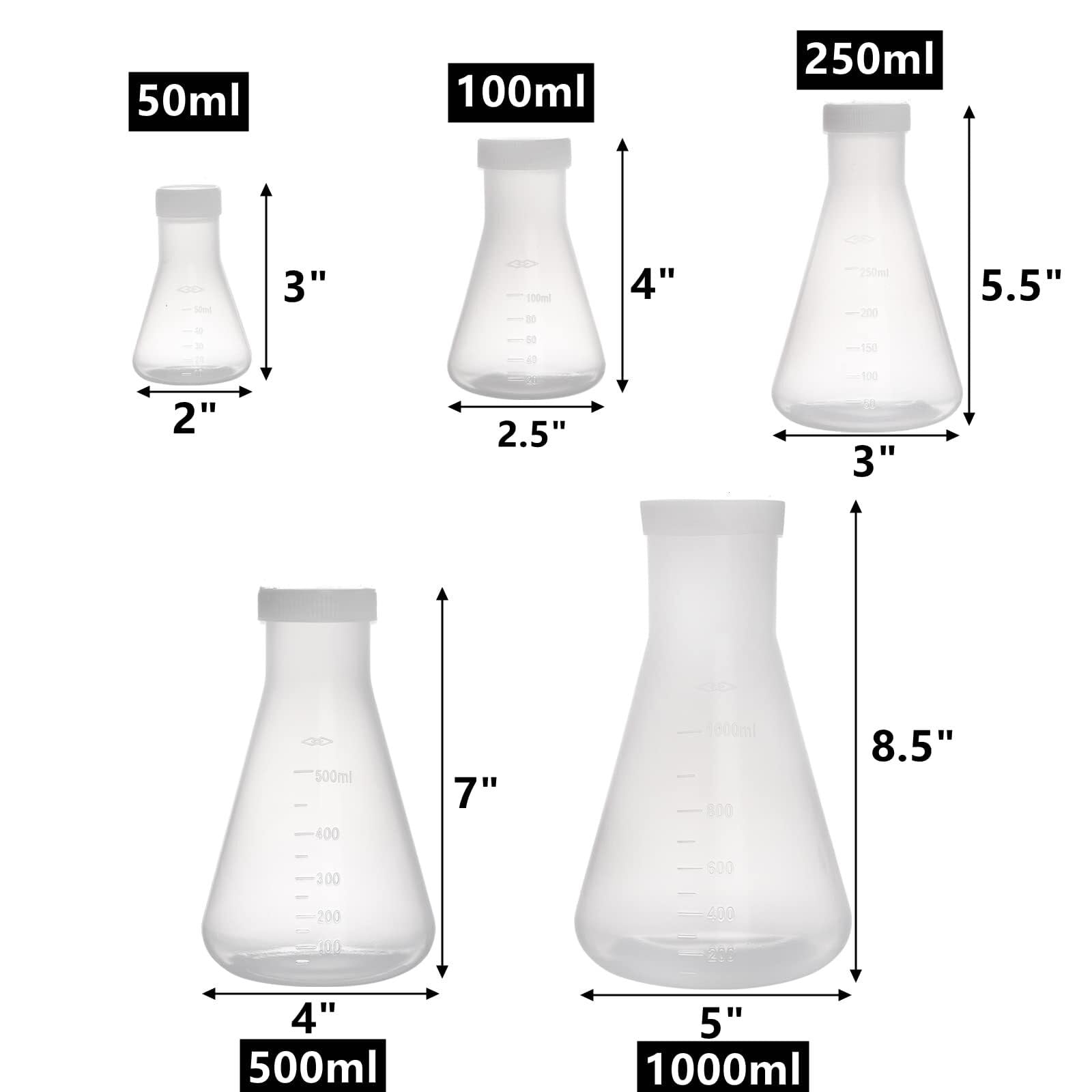 Set aus 10 Kunststoff-Erlenmeyer-Kolben, Enger Hals mit Schraubverschluss, Labor-Kegelkolben mit Skalierung (50ml bis 1L)