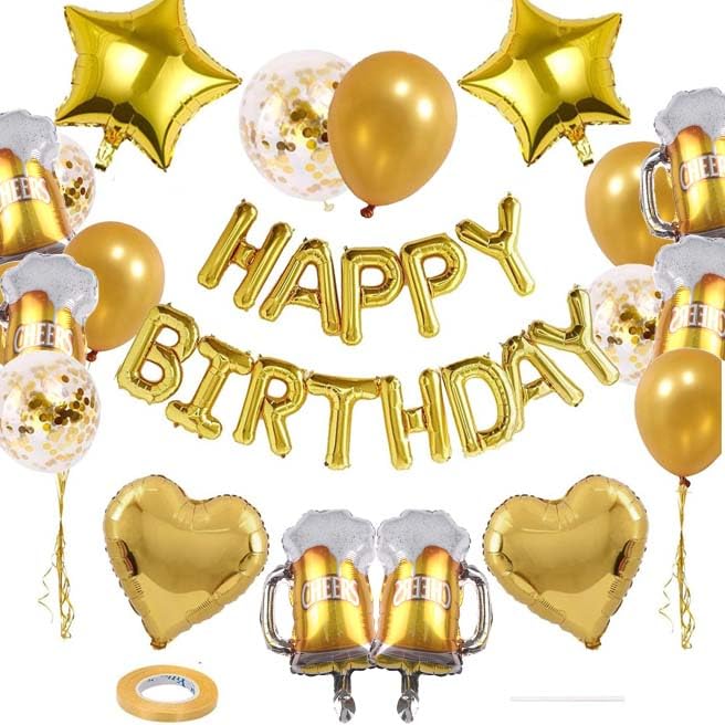 Image of 27Pcs Gold Beer Birthday Party Decorations Kit 16 Inch Happy Birthday Balloon Banner Beer Pentagram Heart Balloons Confetti Latex Balloons for Women Men Party Decoration Supplies