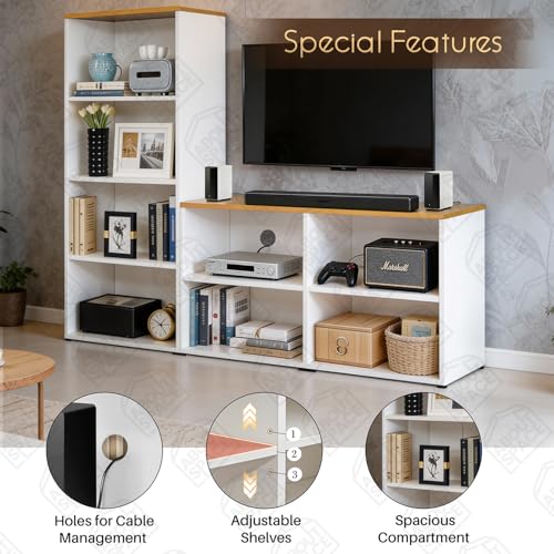 Image of ABOUT SPACE TV Unit - Engineered Wooden TV Stand 32 inch to 50 inch Table Cabinet with Bottom Storage, Side Rack, Cable Hole for WiFi Router Stand Console Table for Living Room, Bedroom (White & CM Oak)