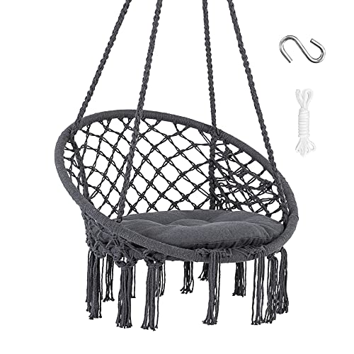 Suncreat Hammock Chair Hanging Macrame Swing With Cushion And Hardware Kits, Max 330 Lbs, Handmade Knitted Mesh Rope Swing Chair For Indoor, Outdoor, Bedroom, Patio, Yard, Deck, Garden, Grey #TOP17
