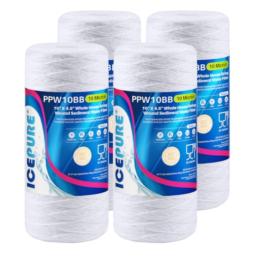 Image of ICEPURE 10 Micron 10 inch*4.5'' Whole House Sediment String Wound Water Filter Replacement filter for 84637, WPX5BB97P, PC10, 355214-45, 355215-45, WP10BB97P, WP5BB97P, 4 PACK
