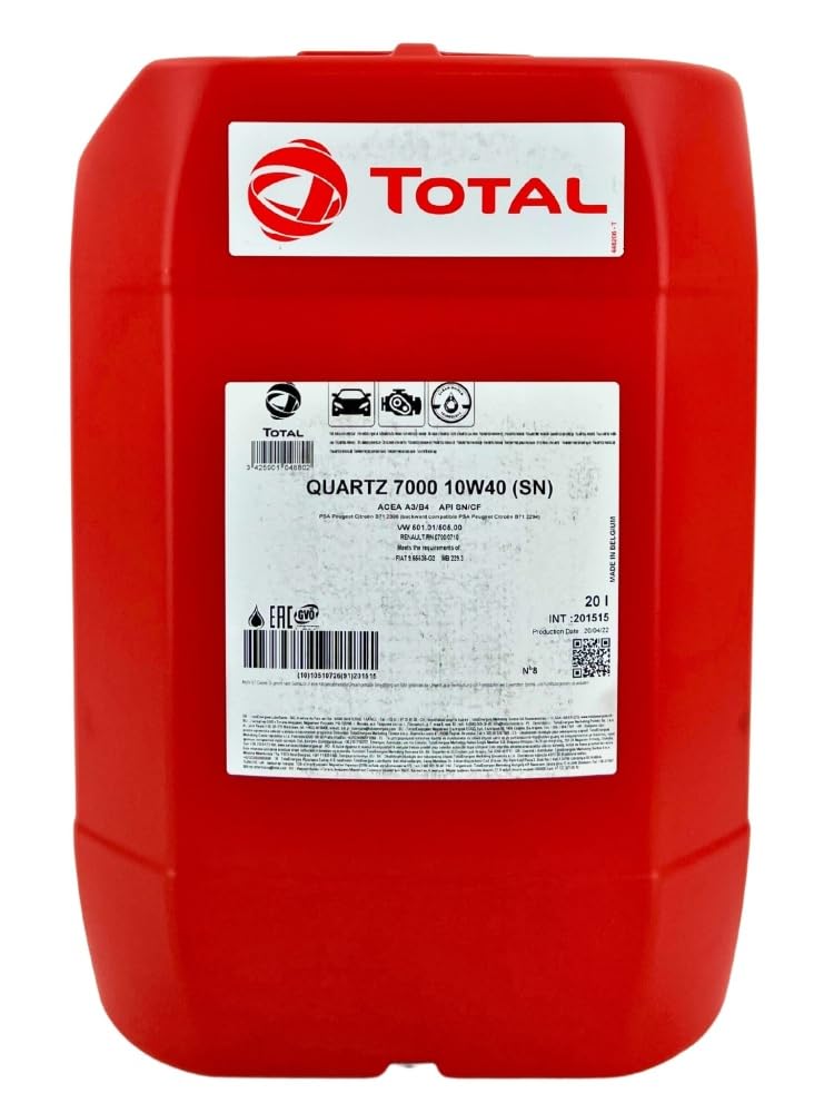 TotalEnergies Aceite de motor 10W-40 Quartz aceite parcialmente sintético ACEA A3/B4 API CF API SN 7000 20L Compatible con PEUGEOT 208 I Hatchback CA, CC, TOYOTA AYGO WNB1, KGB1, NISSAN, KIA RIO III