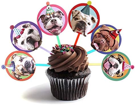 English Bulldog Cupcake Toppers, set of 6 different birthday dogs party decorations