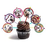 English Bulldog Cupcake Toppers, set of 6 different birthday dogs party decorations