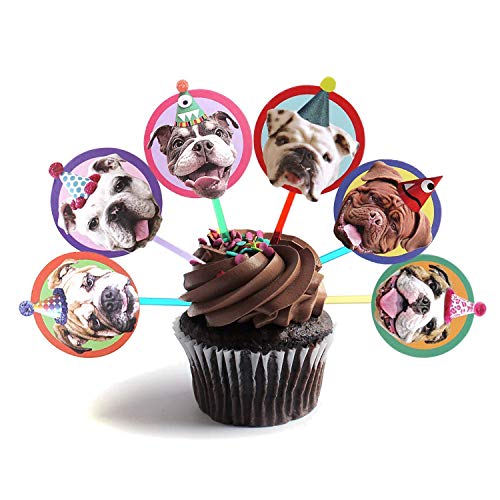 English Bulldog Cupcake Toppers, Set Of 6 Different Birthday Dogs Party Decorations #TOP2