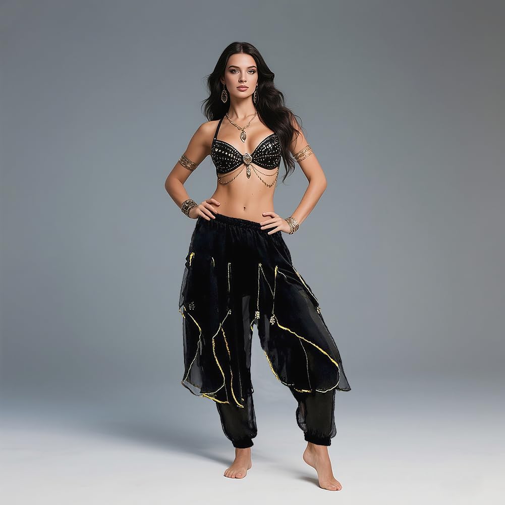 Women‘s Belly Dance Harem Pants with Golden Trim High Waist Stretchy Pants for Yoga Practice Stage Performance - Image 3