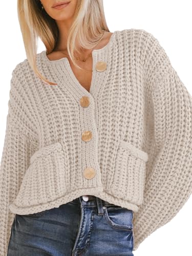 YKR Chunky Knit Cardigan Sweater for Women Long Sleeve Cropped Cardigans Button Down Sweaters with Pockets Beige M