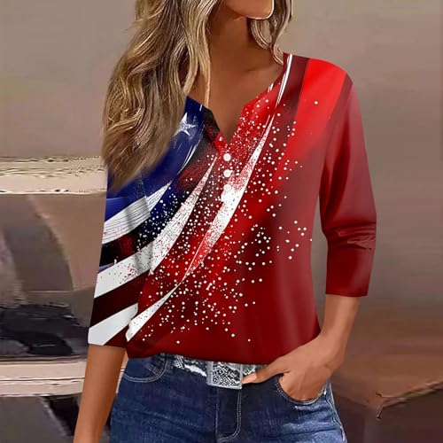 Image of 4th of July Shirts Women 3 /4 Length Sleeve Womens Tops Henley Neck Casual Patriotic T Shirts