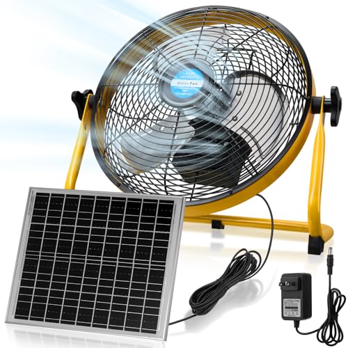 Tujoe 12 Inch Solar Panel Powered Fan, 2 in 1 Solar Panel or AC Charger Powered Fan 12W 9V Portable for Chicken Coop Greenhouse Household Exhaust Camping Travel Outdoor (Yellow)