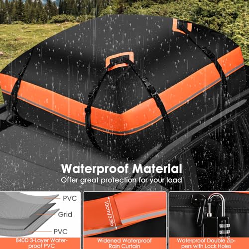 Krovtoy Car Roof Bag, 425L Folding Waterproof Roof Bag, with 840D Three-Layer Waterproof Solid PVC, 1 Roof Bag, 1 Non-Slip Mat, 6 Door Hooks, 1 Combination Lock,for Cars with/Without Rack(425L/ 840D) - Image 5