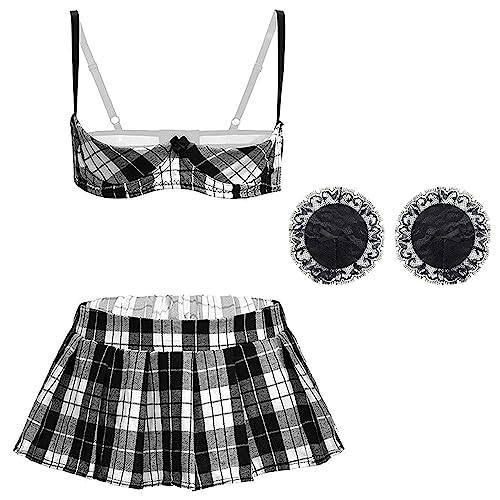 VicSec Damen Sexy Schulmädchen Cosplay Dessous Frauen Französisches Dienstmädchen Rollenspiel Kostüme Halbe Tasse Push Up Minirock Studenten...