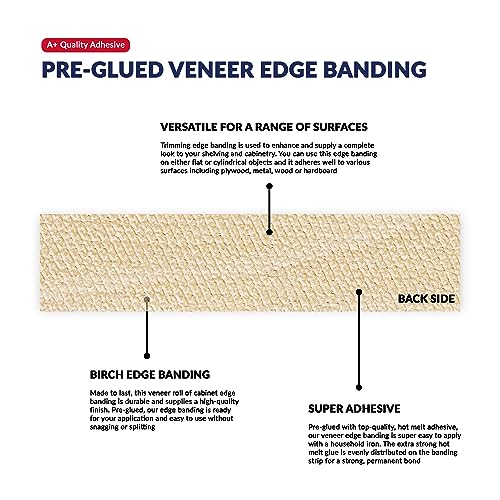 Unmar Birch Wood Veneer Edge Banding 3/4 Inch X 25 Ft Pre Glued Adhesive Edging Trim Tape Iron On Flexible Strip Roll Laminate Cabinate Countertop Furniture Shelf Mdf Board Paintable Molding Easy Trimmer thumb #3