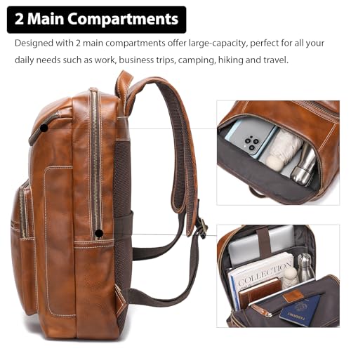 LANNSYNE Vegetable Tanned Leather Backpack For Men, 17" Laptop Backpack, Casual Outdoor Business Travel Rucksack, YKK Zippers - Image 4