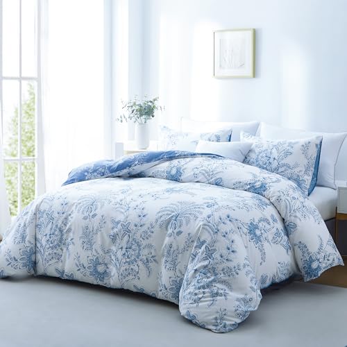 Image of BOLINLIVING Floral Duvet Cover Queen Size 3 Pieces, Flower Duvet Cover with 2 Pillow Shams, Soft Floral Bedding Set White and Blue for All Season, Breathable, Zipper Closure