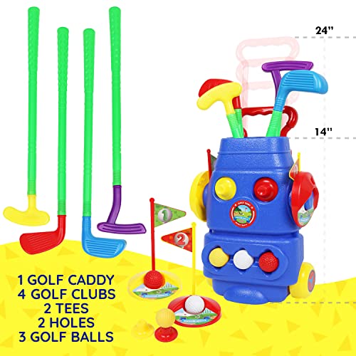 Kids Golf Set Golf Cart with Wheels | 4 Colorful Golf Clubs 3 Balls 2 Practice Holes with Flags & 2 Golf Tees | Toddler Golf Set Sports Toy Kit for Boys & Girls