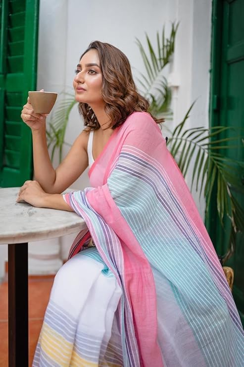 Image of RAJESHWAR FASHION WITH RF Women's Lime Green Floral Print Linen Cotton Saree with Contrast Pallu, Tassel Border, Traditional Summer Festive with Blouse Piece