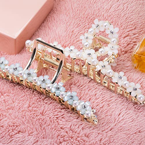 Metal Hair Clips Shiny With Flower And Pearl Large Hair Claw Barrettes For Women And Girls, Nonslip Fashion Hair Styling Accessories Daily Use Strong Hold For Thick/Thin Hair #TOP3