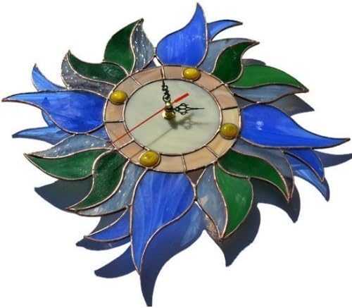 Boho Blue Tulip Wall Clock 12 Inch for Living Room Bedroom Kitchen, Unique Handmade Botanical Stained Glass Home Decor with Flowers and Leaves, Decorative Wreath Themed Tiffany Style Floral Art