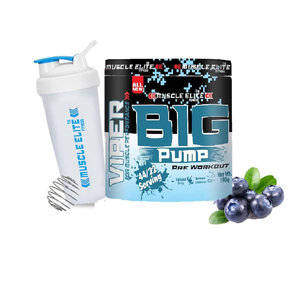 MUSCLE ELITE FITNES Big Pump Pre Workout is prepared to boost explosive energy, strength, focus, endurance and maximum performance during workout, exercise. [Blueberry with sipper]