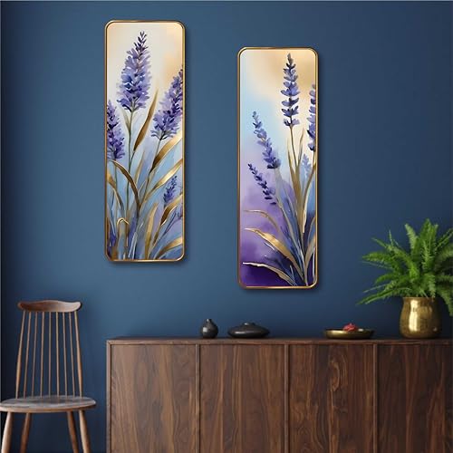 Image of Livin'luxe Lavender Floral Set of 2 Vertical MDF Wall Panels | Premium Sparkle Lamination Finish | Elegant Purple Flower Art Wall Decor for Living Room & Bedroom (12 x 18 Inch) AS-05