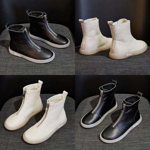 Keilinia Women's Winter Front Zipper Leather Ankle Boots,Comfy Waterproof Non-slip Soft Sole Flat Casual Dress Oxford Short Booties3