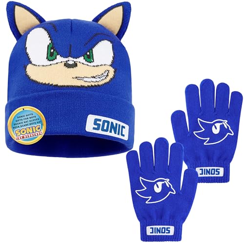 Sonic The Hedgehog Beanie and Gloves Set for Boys, Ages 4–12, Soft Knit Winter Hat and Winter Gloves, Gamer Gifts for Boys (4-12 Years, Blue Sonic, 2)