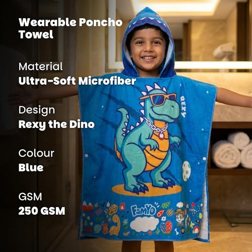 Image of Famyo Poncho Hood Maxx Towel for Kids 1-7 Years, Rexy Dino, 60 x 60 cm | Quick-dry microfiber hooded towel, soft, lightweight and absorbent for beach, pool and bath, suitable for boys and girls