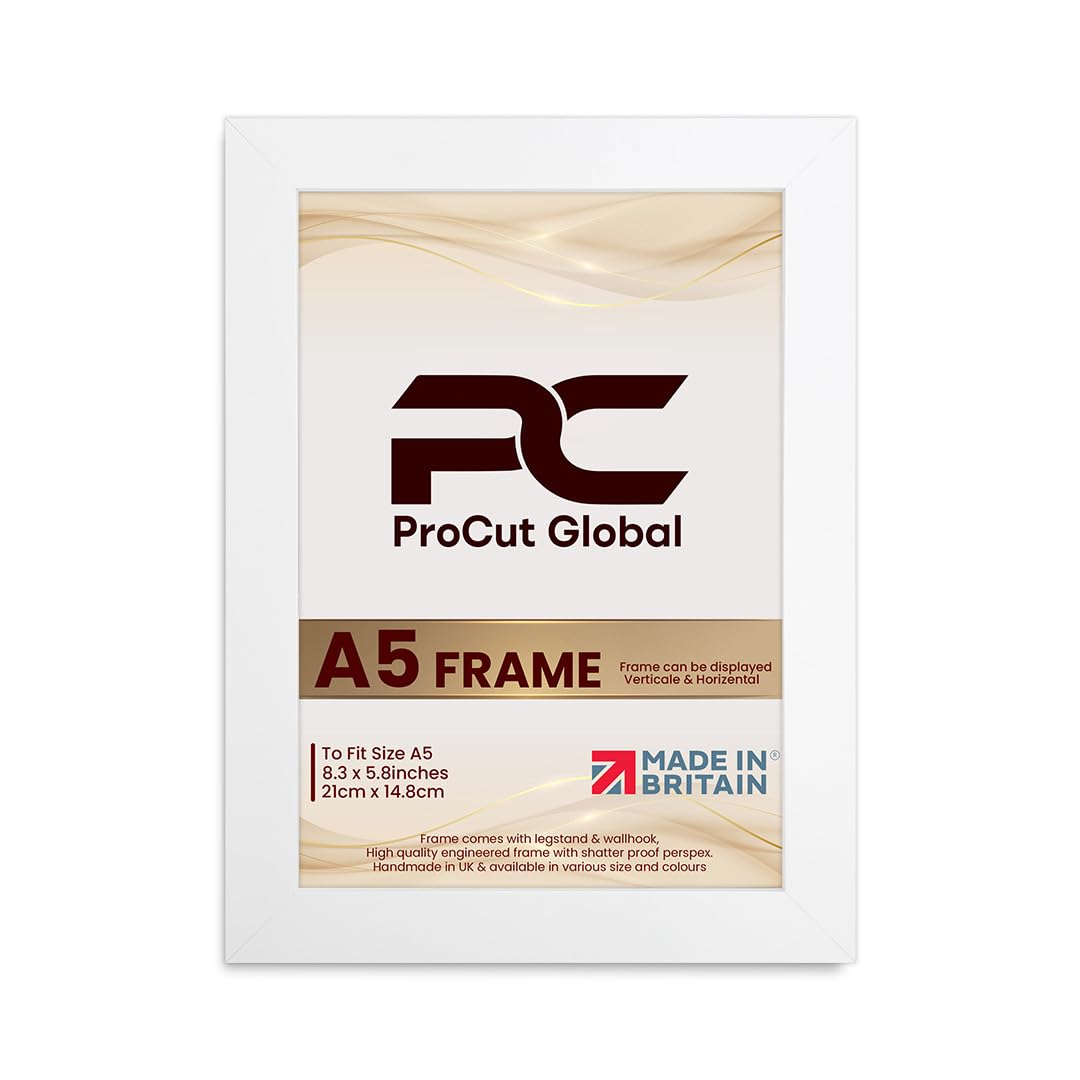 Procut Global Picture Frames A5 White.Modern A5 Frames With Safe Perspex Front & Wall Hanging Hooks -Premium Synthetic Wood- Handmade Frames