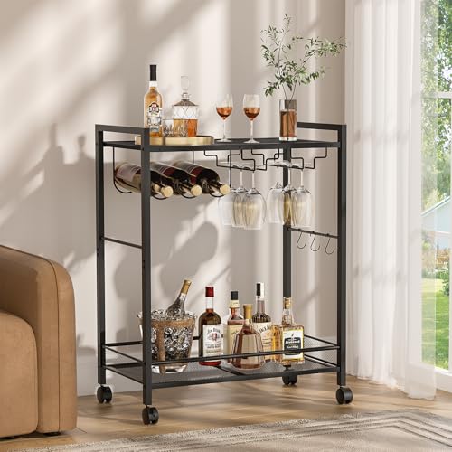 Image of Joaxswe Bar Cart, Home Bar Serving Cart with 2-Tier Shelf,Rolling Beverage Cart with Wheels,Mobile Kitchen Shelf,Modern Black Wine Drink Cart with Wine Rack and Glass Holder for Kitchen,Dinning Room
