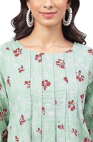Image of Janasya Women's Green Cotton Floral Printed Kurta with Pant