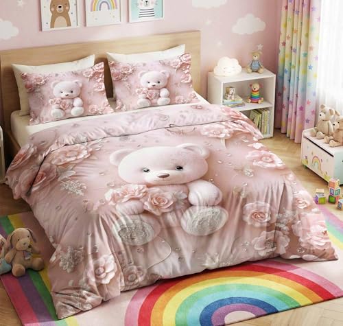 Image of HOMEKART Kids Cloud Cotton Bedsheet Double Bed | 210 TC Cartoon Printed Bedding Set with 2 Pillow Covers 7D | Soft, Wrinkle-Free | 108 x 108 Inches (Cute Teddy Bear Floral)