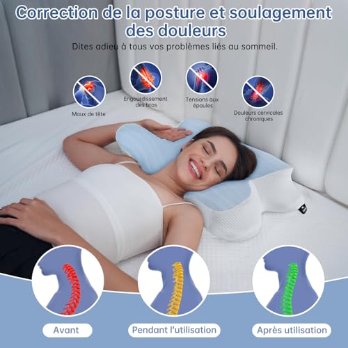 Oreiller cervical ergonomique 2 en 1 mémoire de forme ajustable de taille S bleu